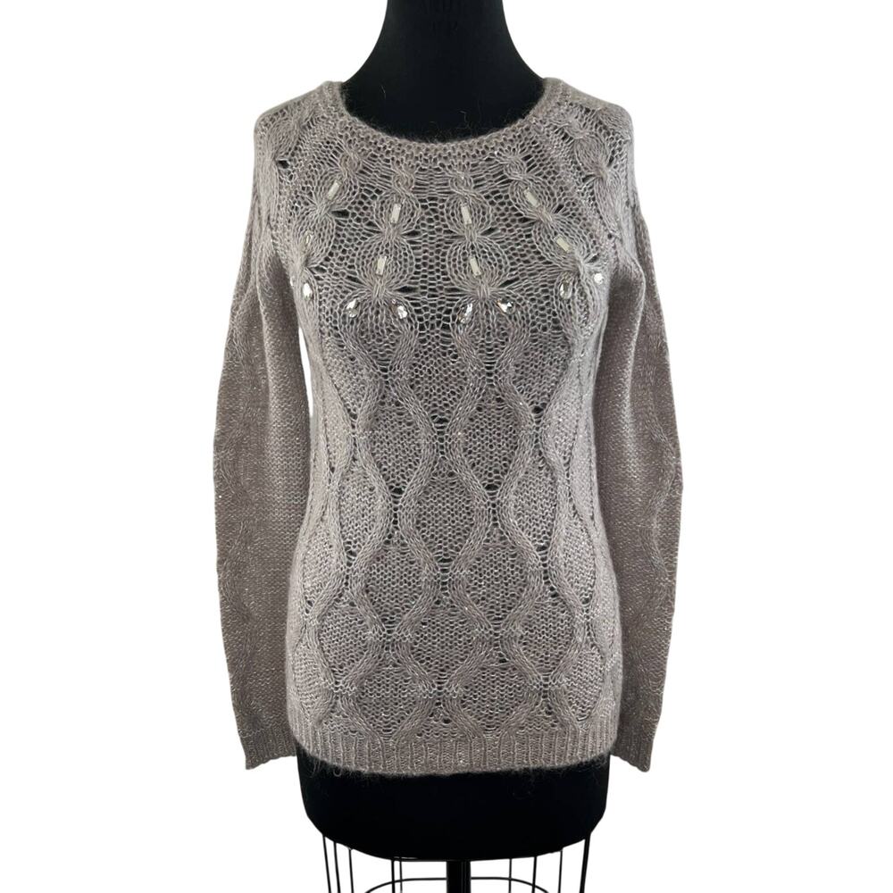 United Colors of Benetton Gray Fuzzy Cable-Knit Rhinestone Crew Neck Sweater S